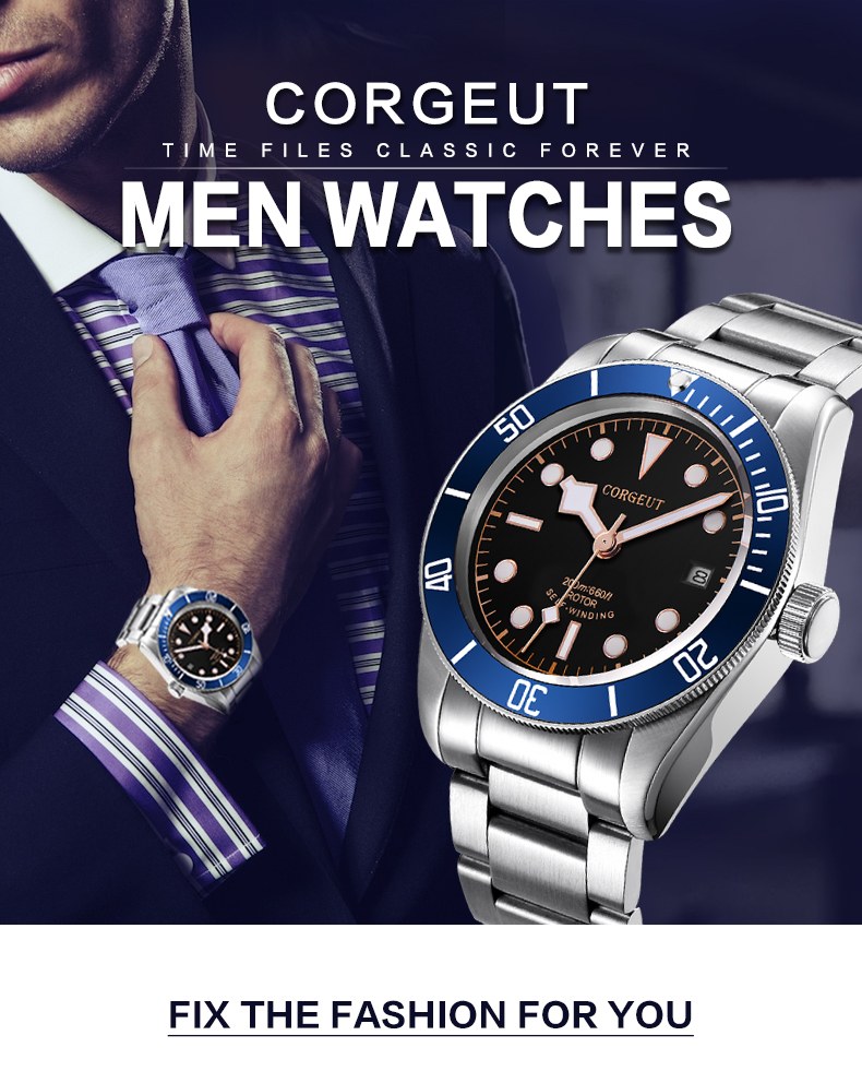 Corgeut 6009 Black PVD Leather Automatic Watch