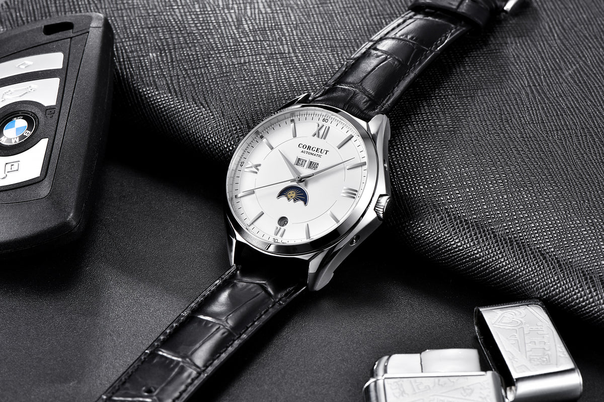 Corgeut 6651 Steel Leather Hand-Wound Watch