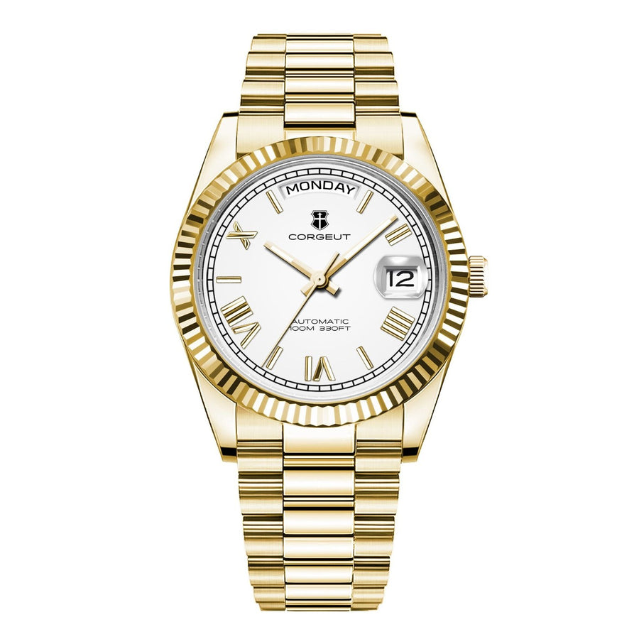 Corgeut 6002G Gold Fluted Bezel Gold Nails President Automatic Watch