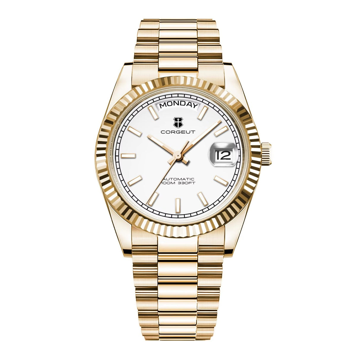 Corgeut 6002G Gold Fluted Bezel President Automatic