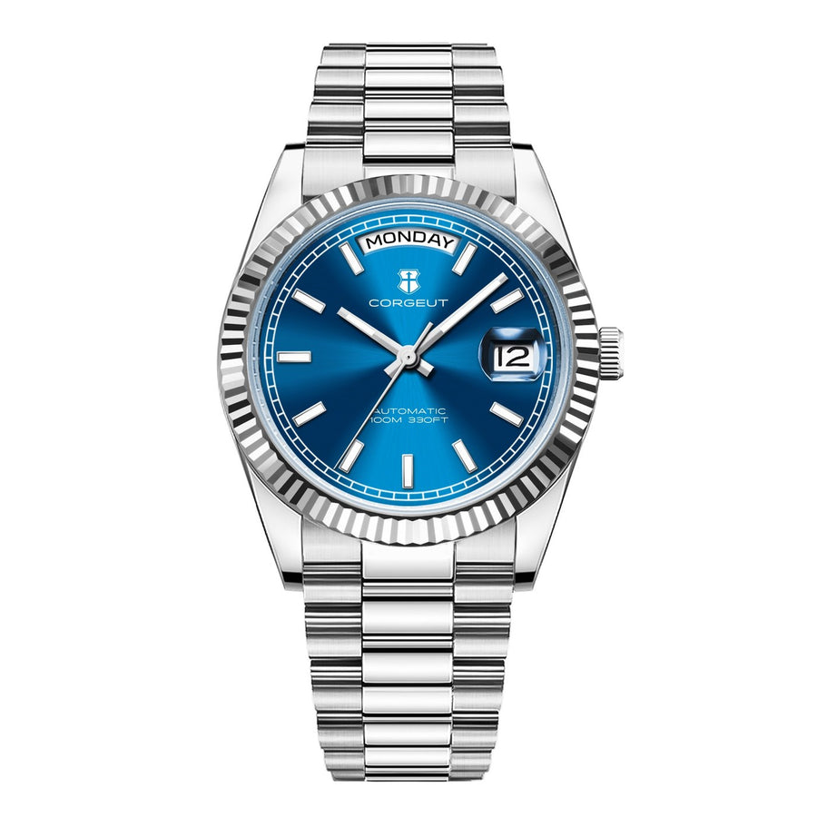 Corgeut 6002L Steel Fluted Bezel President Automatic Silver Bar Nails