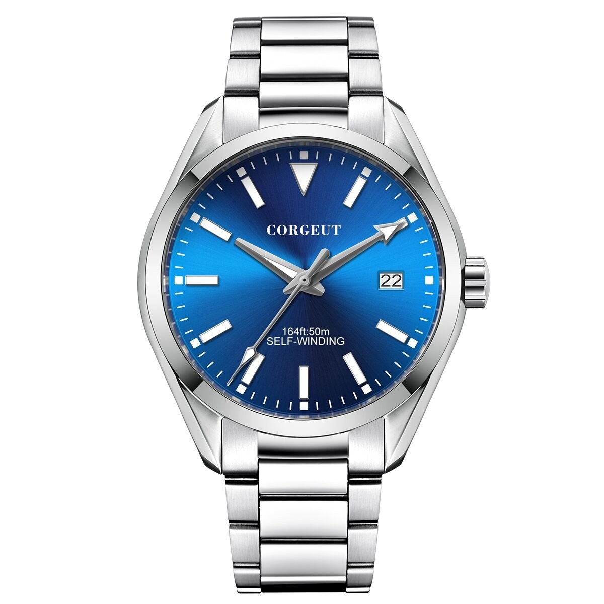 Corgeut 6010 Polished Steel Bracelet Automatic Silver Nails & Steel Hands