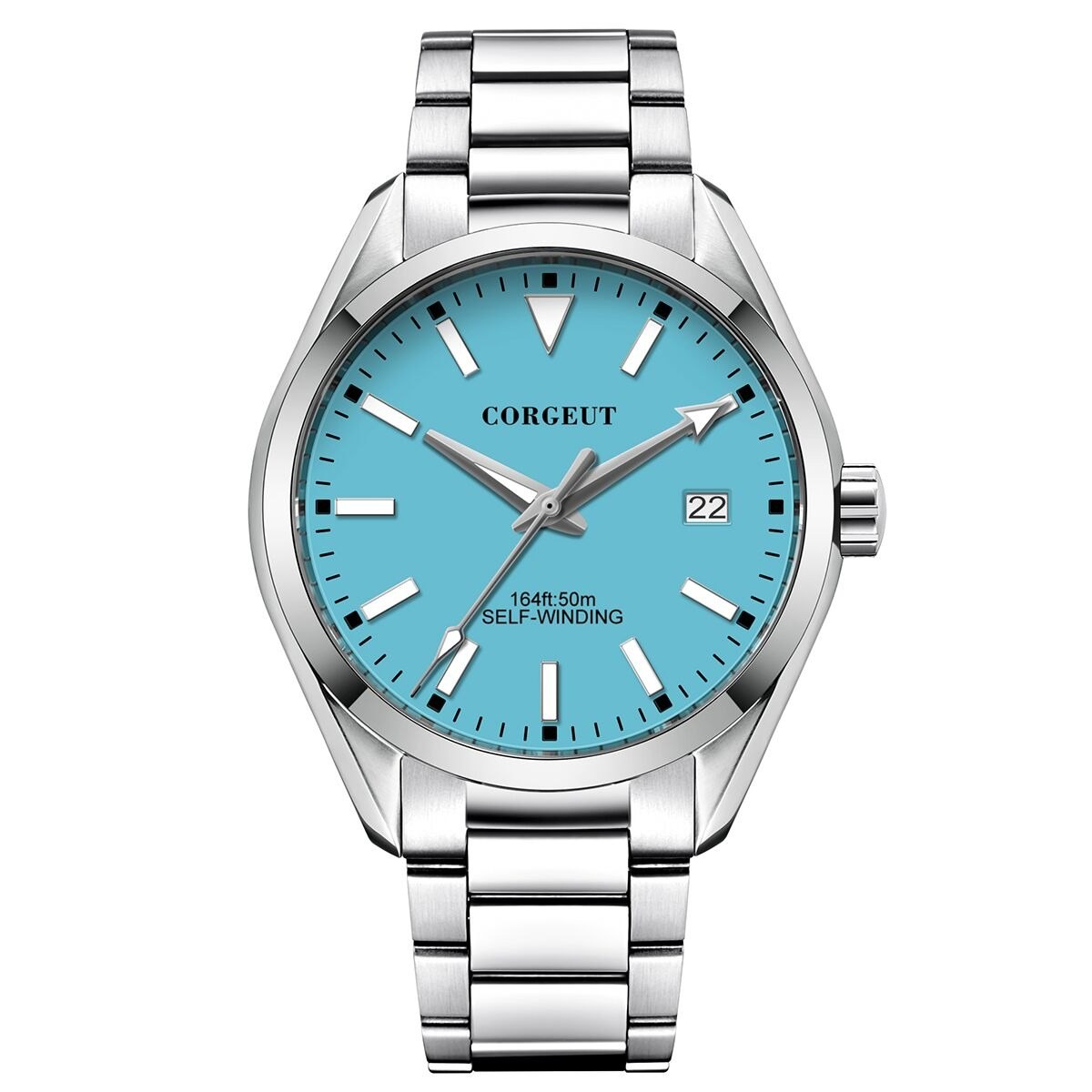 Corgeut 6010 Polished Steel Bracelet Automatic Silver Nails & Steel Hands