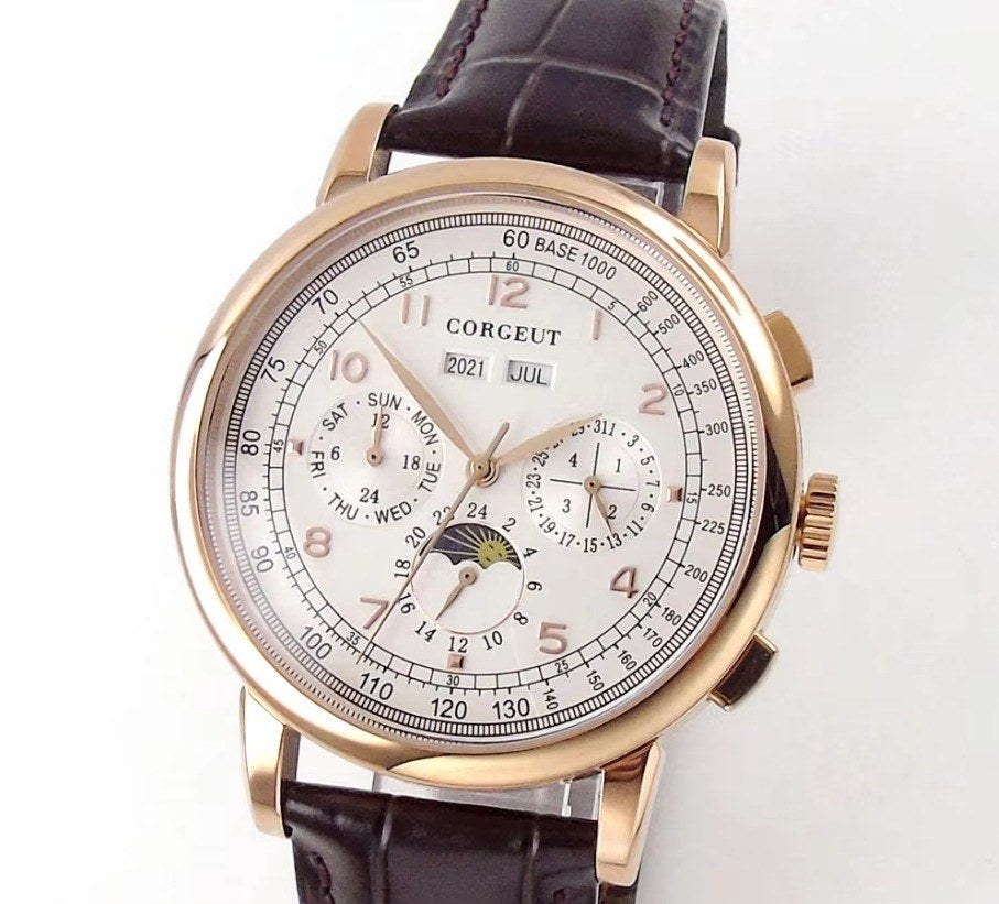 Corgeut 6016 Rose Gold Leather Hand-Wound Watch