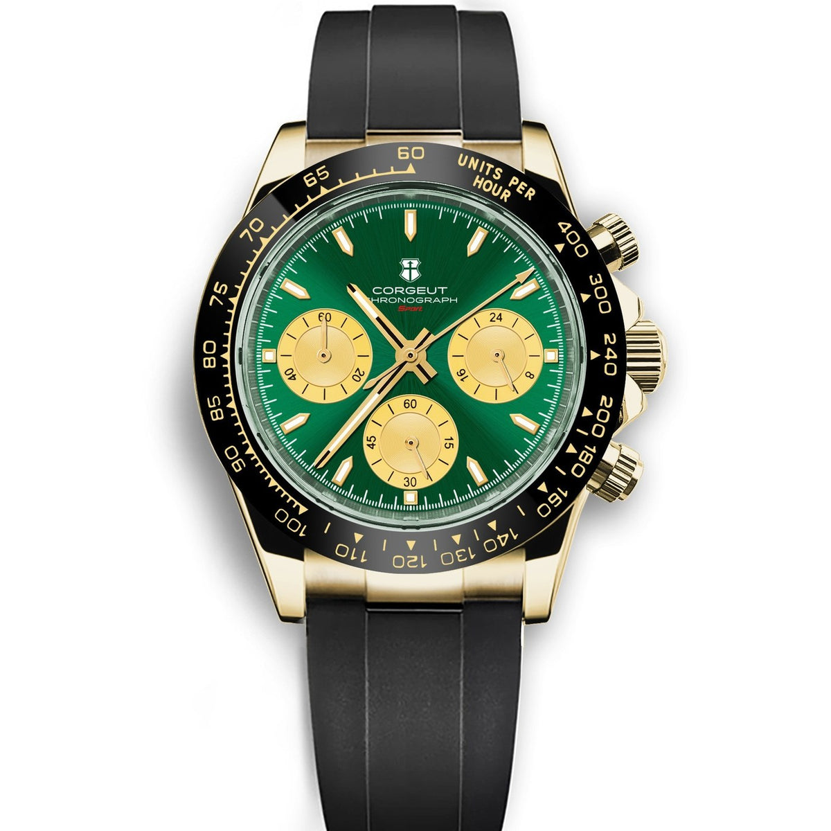 Corgeut 9002 Gold Black Bezel Rubber Quartz Watch