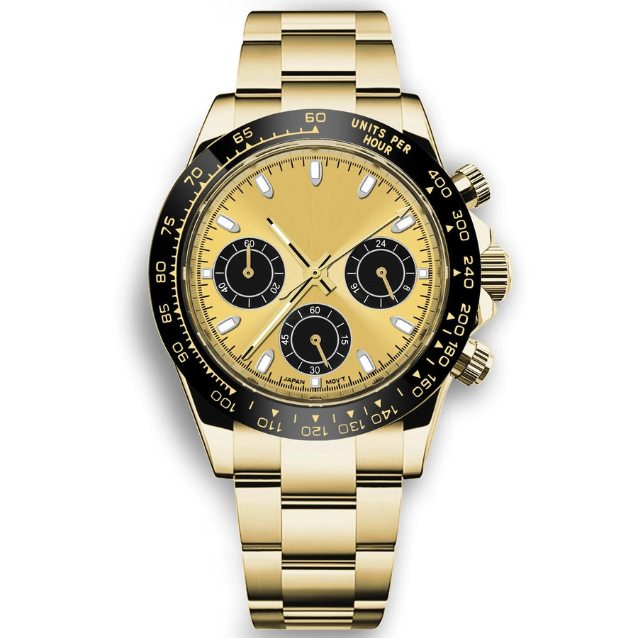 Corgeut 9002 Gold Black Bezel Steel Bracelet Quartz Watch